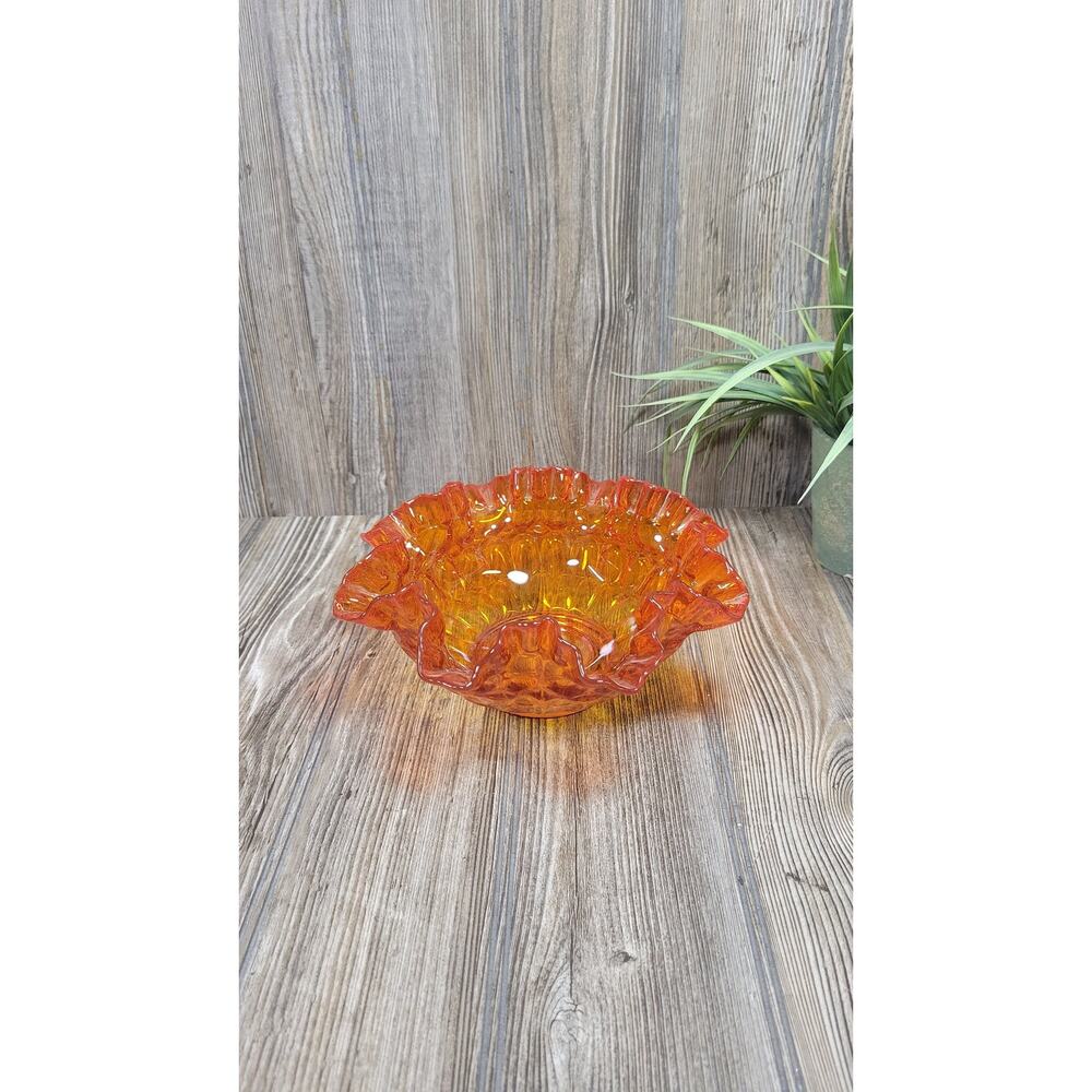 Vintage Fenton Orange Colonial Thumbprint Bowl, 8" Ruffled Glass